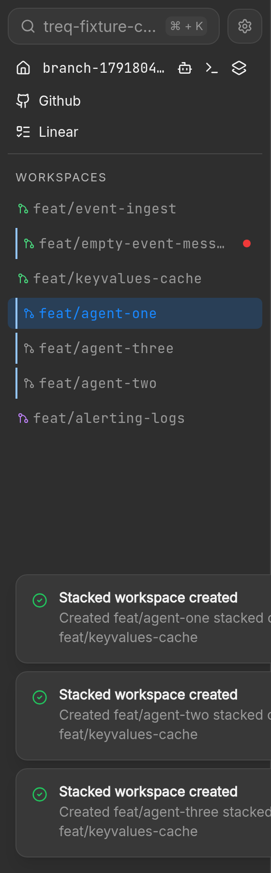 Sidebar after three new agent workspaces appear